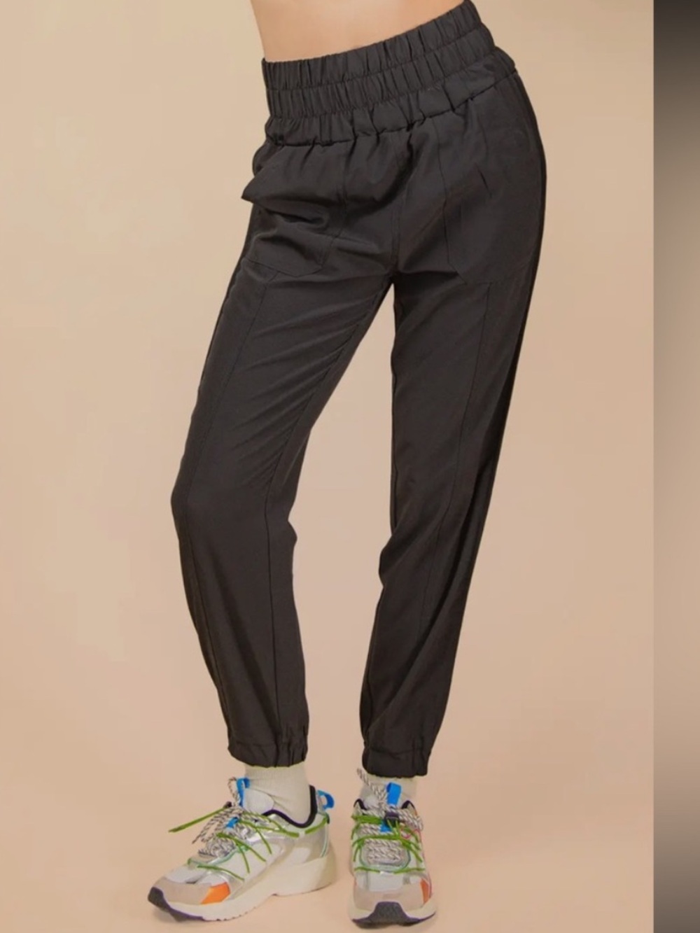 High-Rise Black Jogger Pants with Elastic Waist